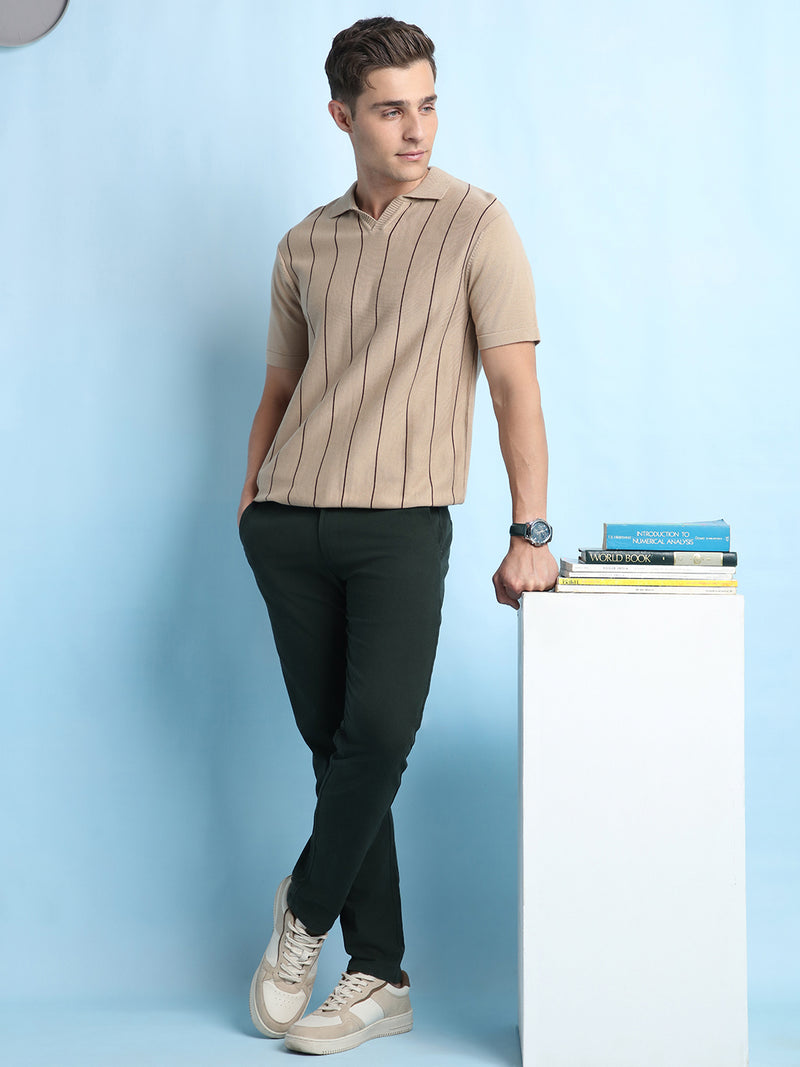Men's Beige Striped Polo Collar Half Sleeves Flat Knit T-shirt