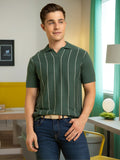 Men Green Striped Polo Collar Half Sleeves Regular Fit Flat Knit T-Shirt
