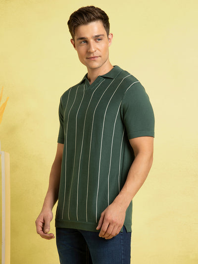 Men Green Striped Polo Collar Half Sleeves Regular Fit Flat Knit T-Shirt