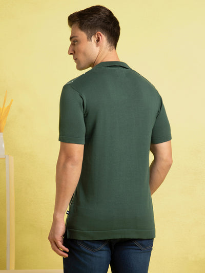 Men Green Striped Polo Collar Half Sleeves Regular Fit Flat Knit T-Shirt