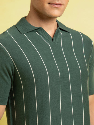 Men Green Striped Polo Collar Half Sleeves Regular Fit Flat Knit T-Shirt