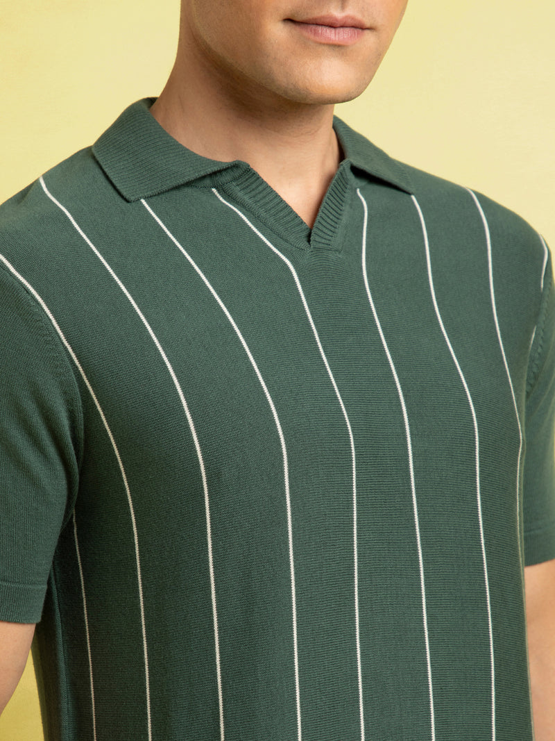 Men Green Striped Polo Collar Half Sleeves Regular Fit Flat Knit T-Shirt