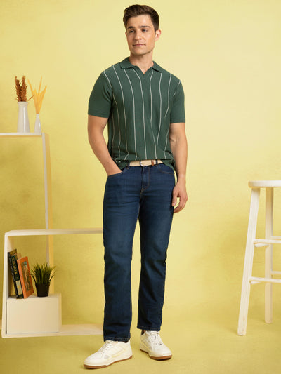 Men Green Striped Polo Collar Half Sleeves Regular Fit Flat Knit T-Shirt