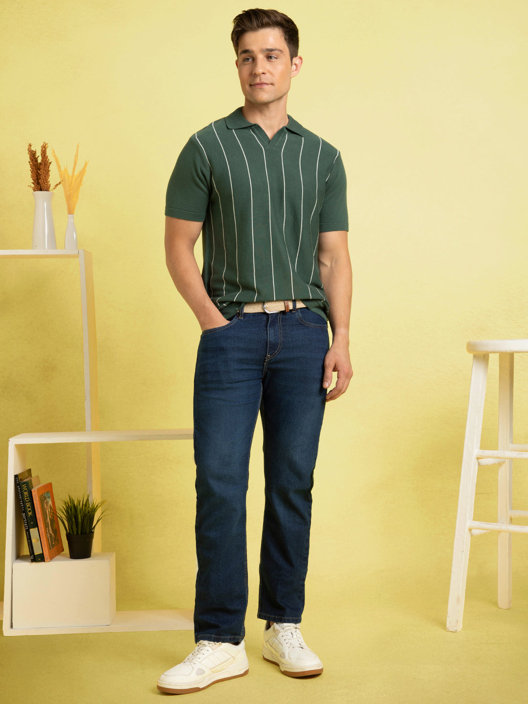 Men Green Striped Polo Collar Half Sleeves Regular Fit Flat Knit T-Shirt
