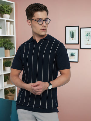 Men's Navy Blue Striped Polo Collar Half Sleeves Regular Fit Flat Knit T-Shirt