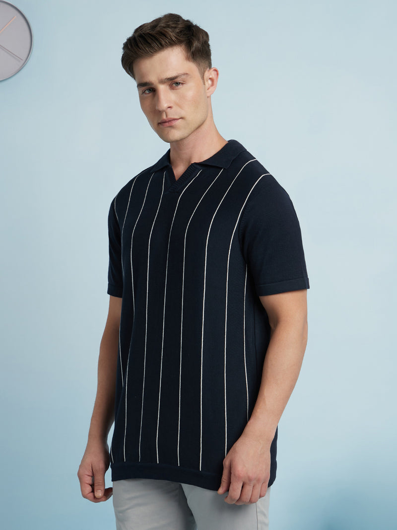Men's Navy Blue Striped Polo Collar Half Sleeves Regular Fit Flat Knit T-Shirt