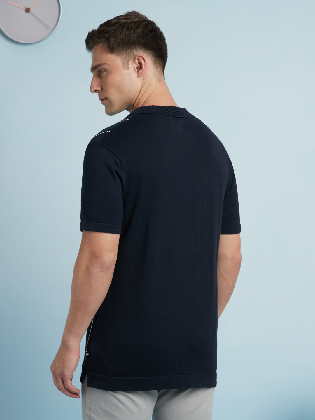 Men's Navy Blue Striped Polo Collar Half Sleeves Regular Fit Flat Knit T-Shirt
