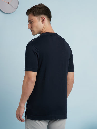 Men's Navy Blue Striped Polo Collar Half Sleeves Regular Fit Flat Knit T-Shirt