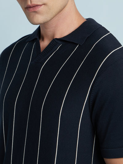 Men's Navy Blue Striped Polo Collar Half Sleeves Regular Fit Flat Knit T-Shirt