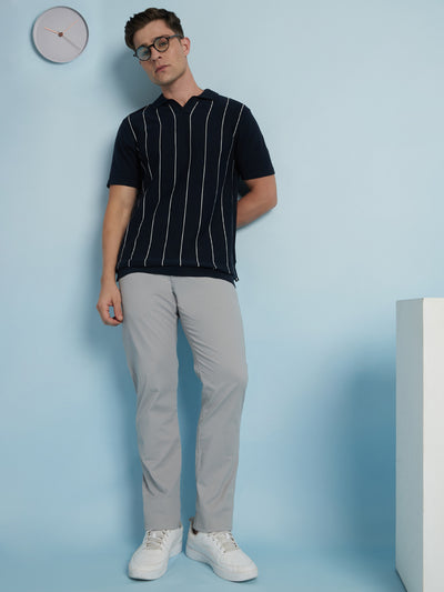 Men's Navy Blue Striped Polo Collar Half Sleeves Regular Fit Flat Knit T-Shirt