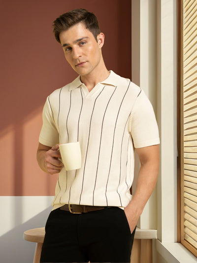 Men's Off-white Striped Polo Collar Half Sleeves Flat Knit T-shirt