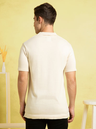 Men's Off-white Striped Polo Collar Half Sleeves Flat Knit T-shirt