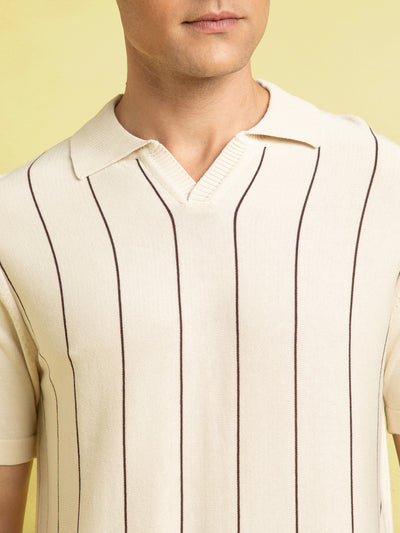 Men's Off-white Striped Polo Collar Half Sleeves Flat Knit T-shirt