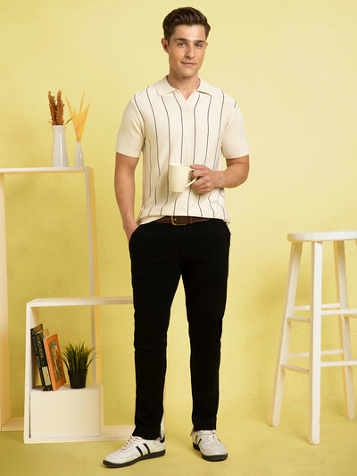 Men's Off-white Striped Polo Collar Half Sleeves Flat Knit T-shirt
