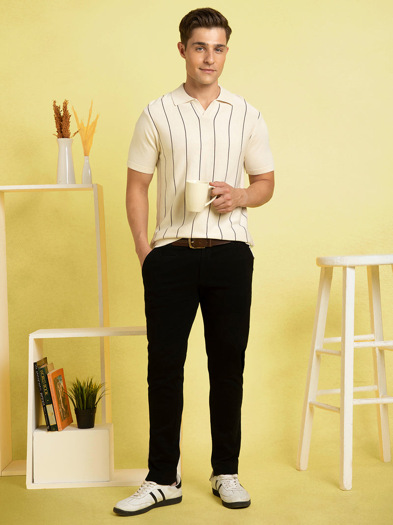 Men's Off-white Striped Polo Collar Half Sleeves Flat Knit T-shirt