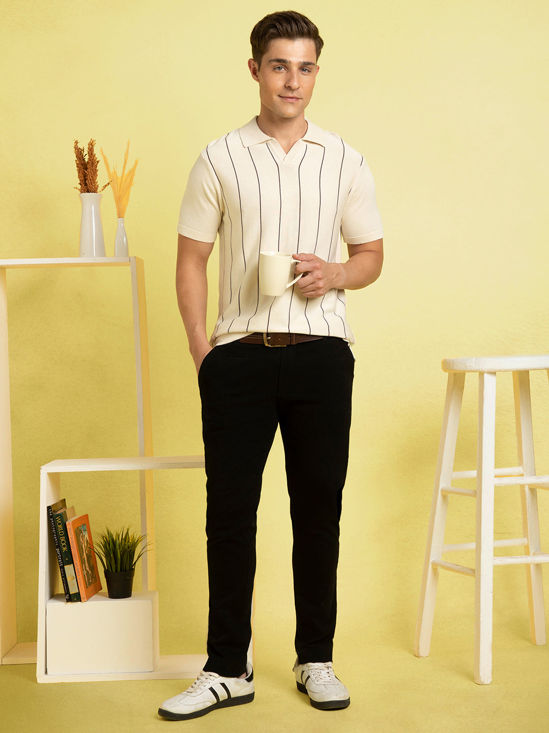 Men's Off-white Striped Polo Collar Half Sleeves Flat Knit T-shirt