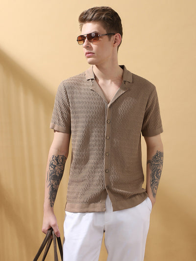 Men's Beige Textured Cuban Collar Half Sleeves Flat Knit Casual shirt