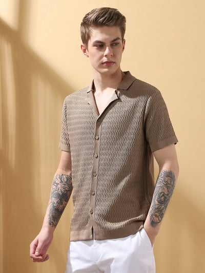 Men's Beige Textured Cuban Collar Half Sleeves Flat Knit Casual shirt