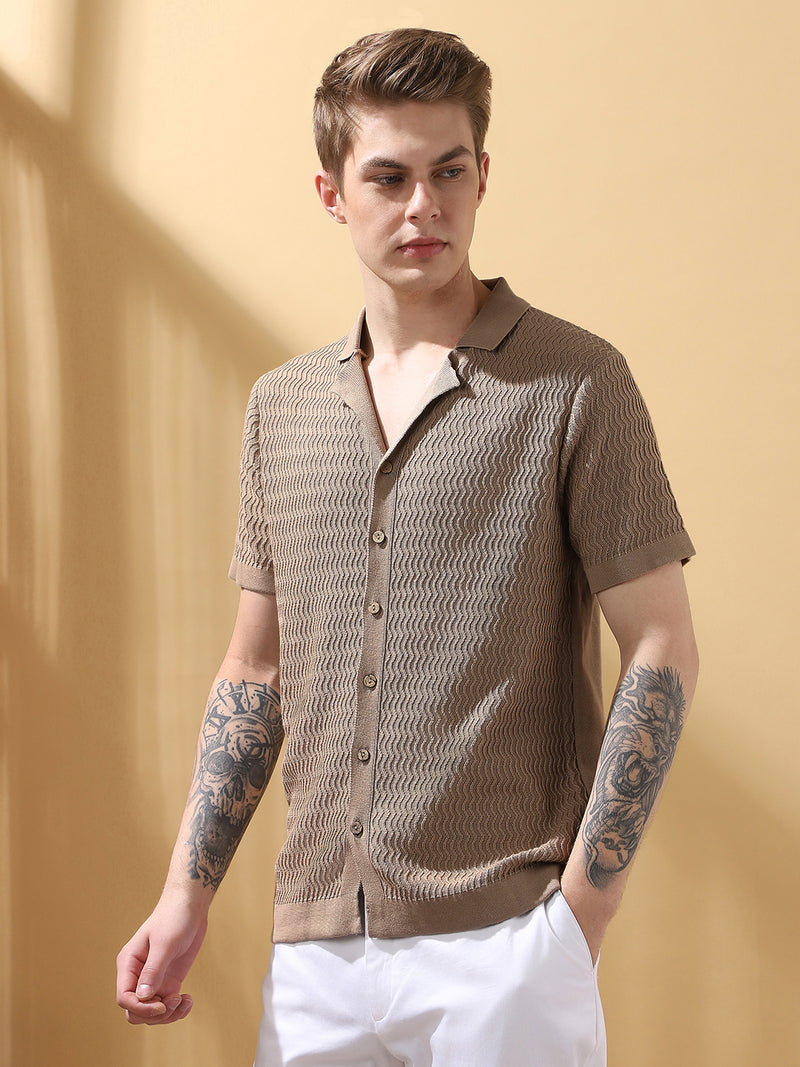 Men's Beige Textured Cuban Collar Half Sleeves Flat Knit Casual shirt