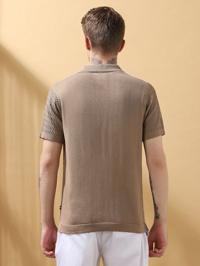 Men's Beige Textured Cuban Collar Half Sleeves Flat Knit Casual shirt
