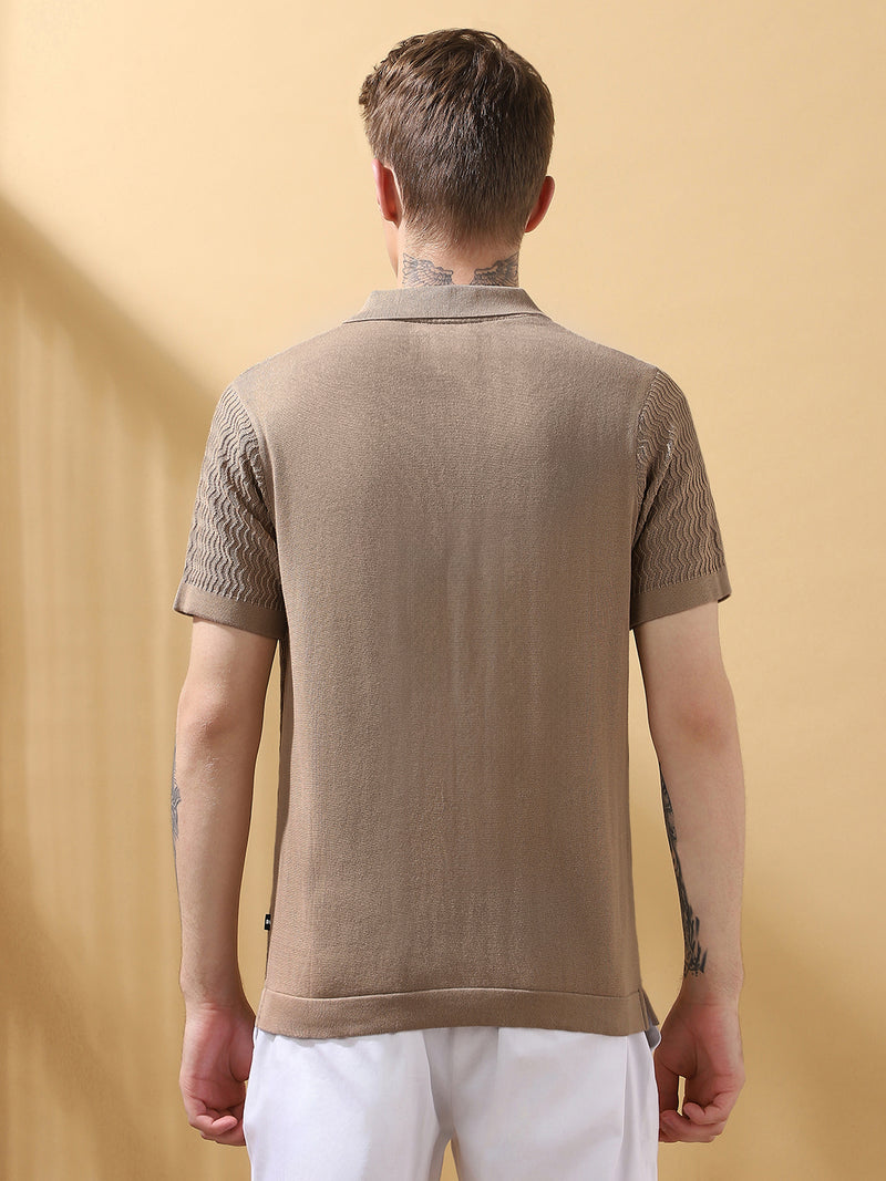 Men's Beige Textured Cuban Collar Half Sleeves Flat Knit Casual shirt
