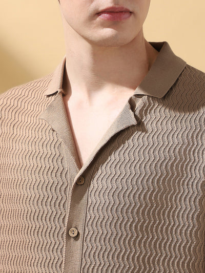 Men's Beige Textured Cuban Collar Half Sleeves Flat Knit Casual shirt