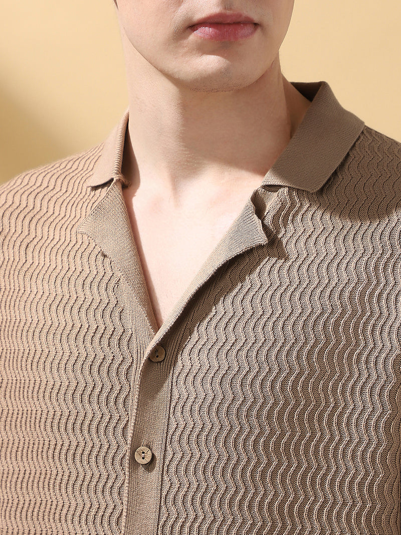 Men's Beige Textured Cuban Collar Half Sleeves Flat Knit Casual shirt