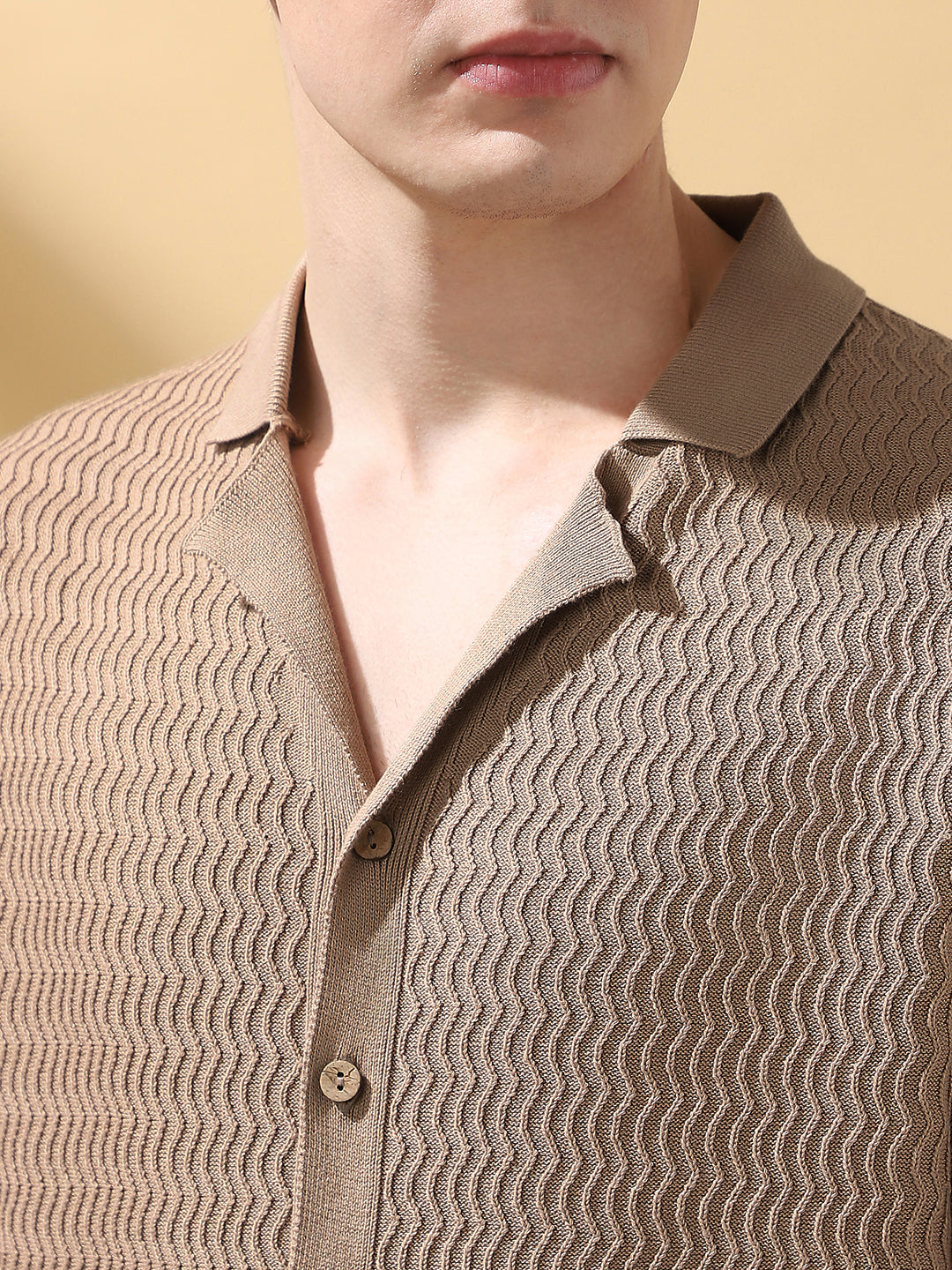 Men's Beige Textured Cuban Collar Half Sleeves Flat Knit Casual shirt