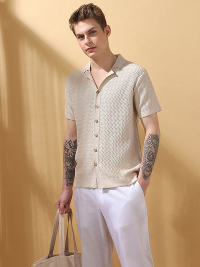 Men's OffWhite Textured Cuban Collar Half Sleeves Flat Knit Casual Shirt