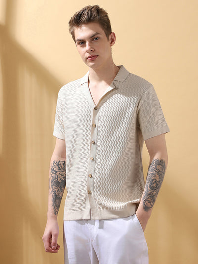 Men's OffWhite Textured Cuban Collar Half Sleeves Flat Knit Casual Shirt
