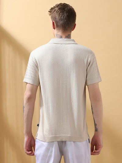 Men's OffWhite Textured Cuban Collar Half Sleeves Flat Knit Casual Shirt