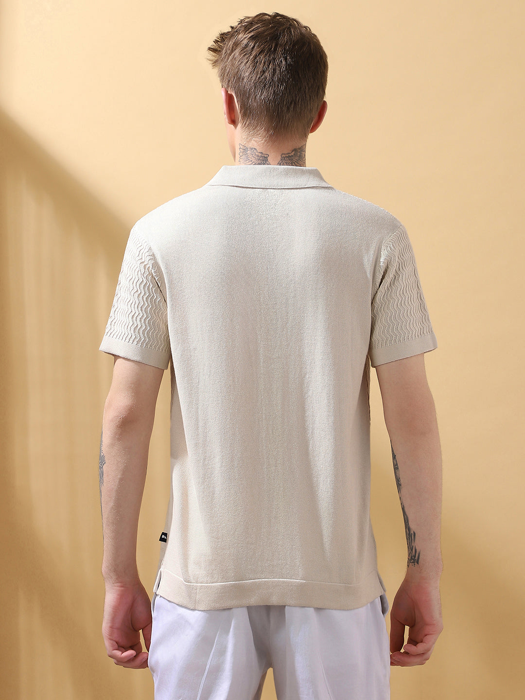 Men's OffWhite Textured Cuban Collar Half Sleeves Flat Knit Casual Shirt