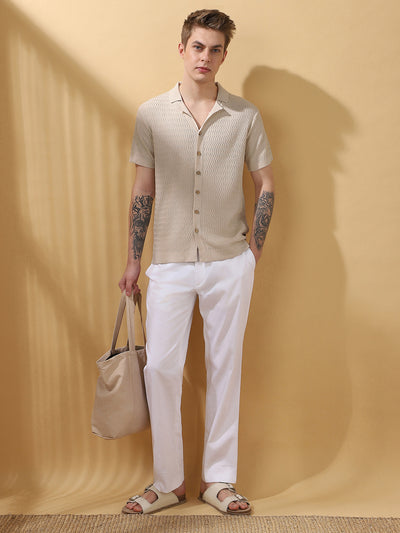 Men's OffWhite Textured Cuban Collar Half Sleeves Flat Knit Casual Shirt