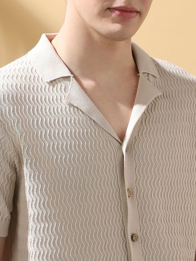 Men's OffWhite Textured Cuban Collar Half Sleeves Flat Knit Casual Shirt