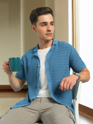 Men's Blue Textured Cuban Collar Half Sleeves Flat Knit Casual shirt