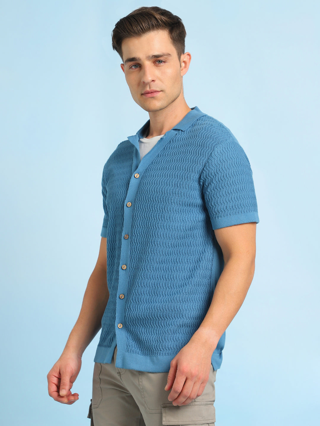 Men's Blue Textured Cuban Collar Half Sleeves Flat Knit Casual shirt