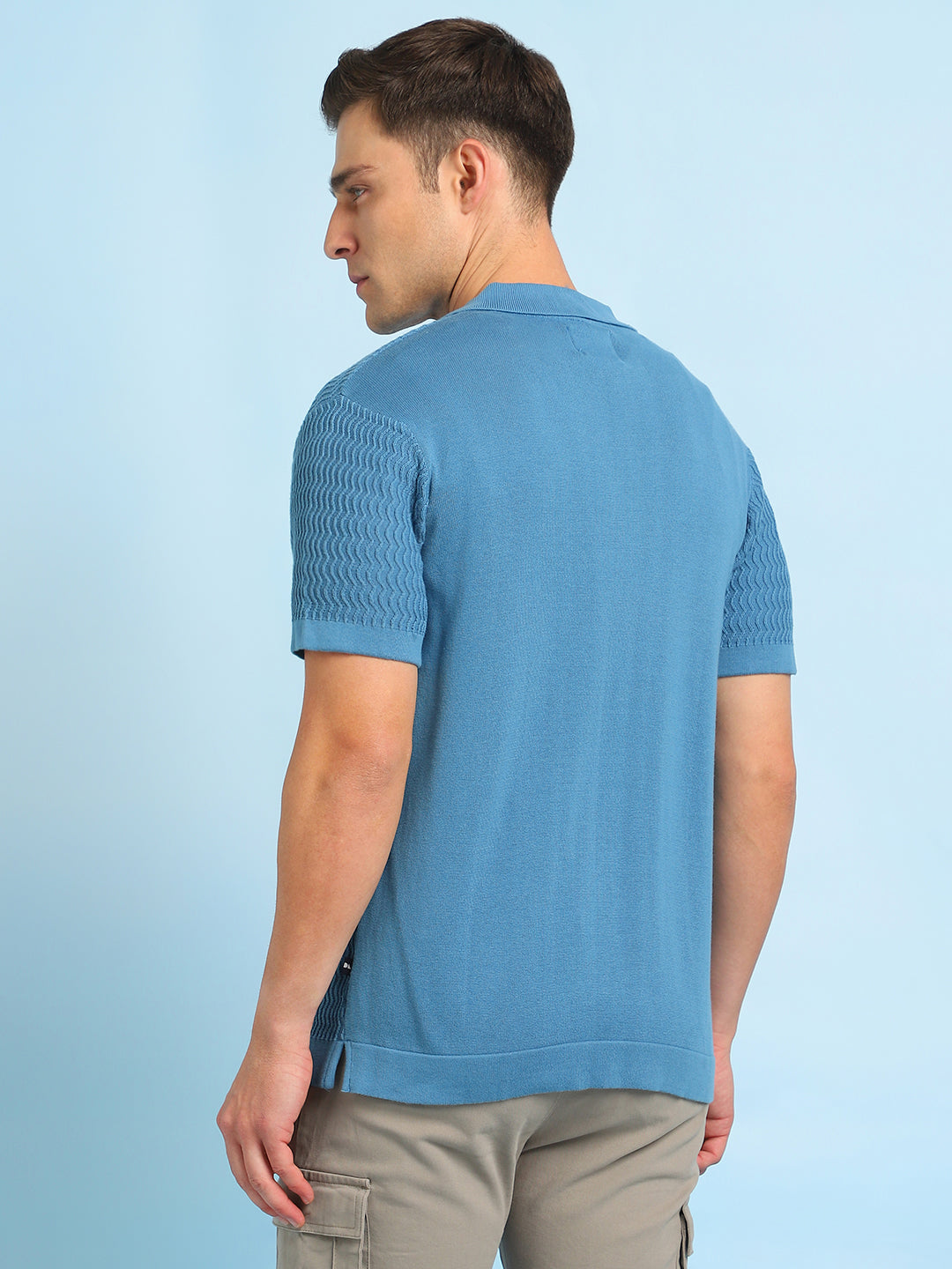 Men's Blue Textured Cuban Collar Half Sleeves Flat Knit Casual shirt