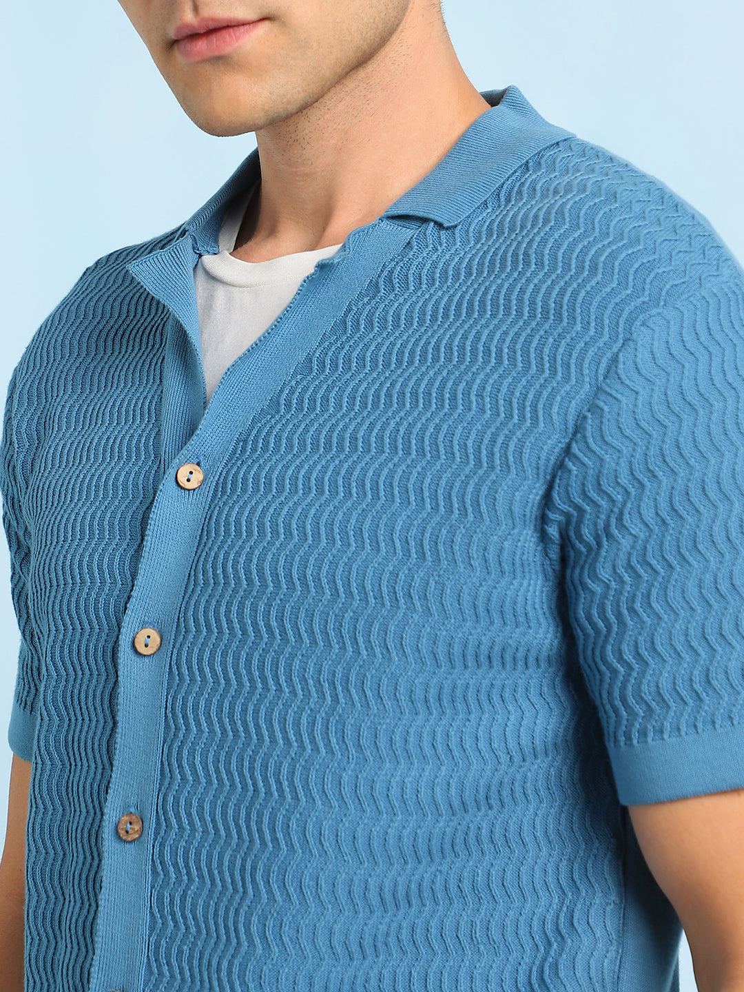 Men's Blue Textured Cuban Collar Half Sleeves Flat Knit Casual shirt