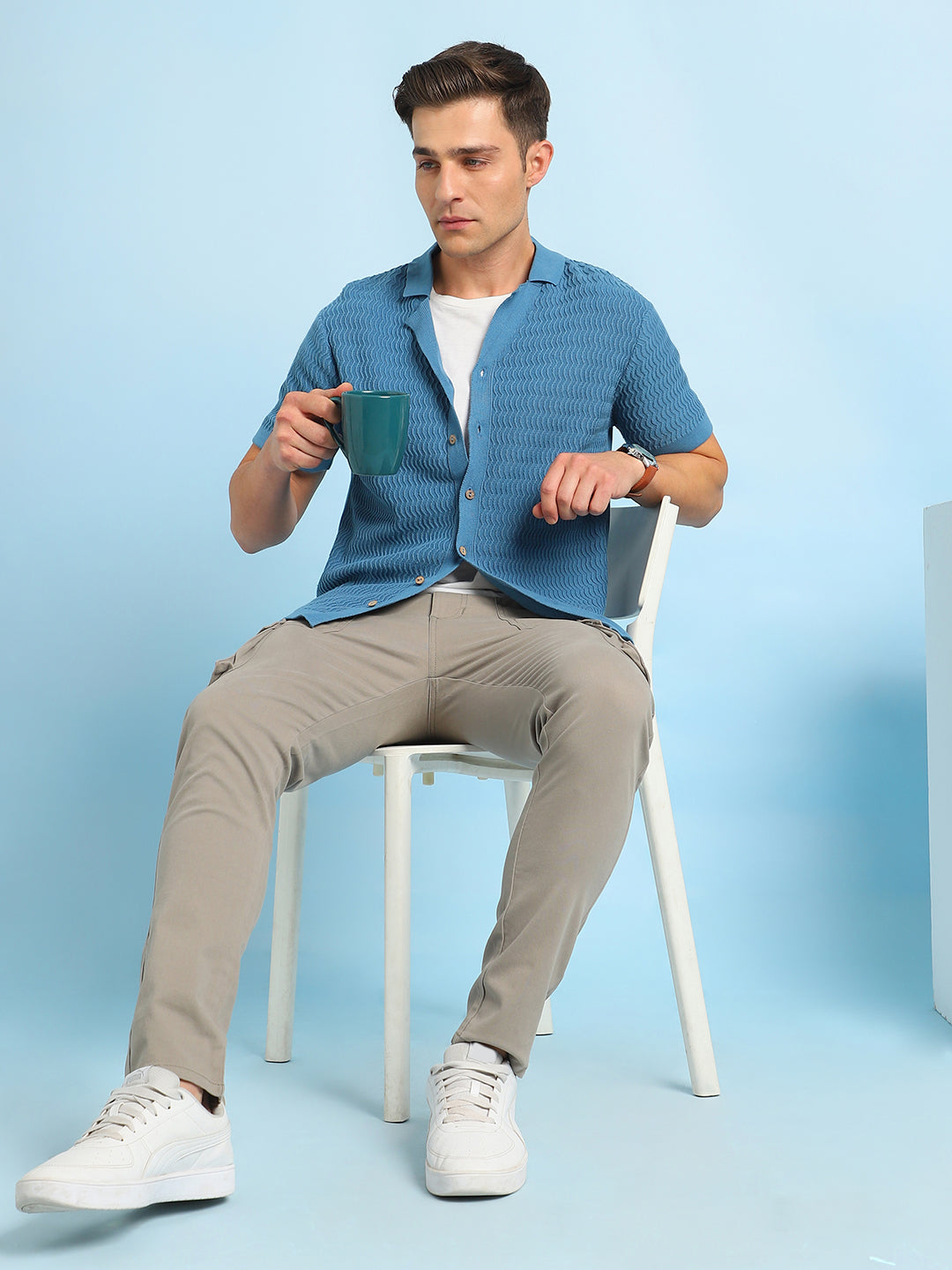 Men's Blue Textured Cuban Collar Half Sleeves Flat Knit Casual shirt