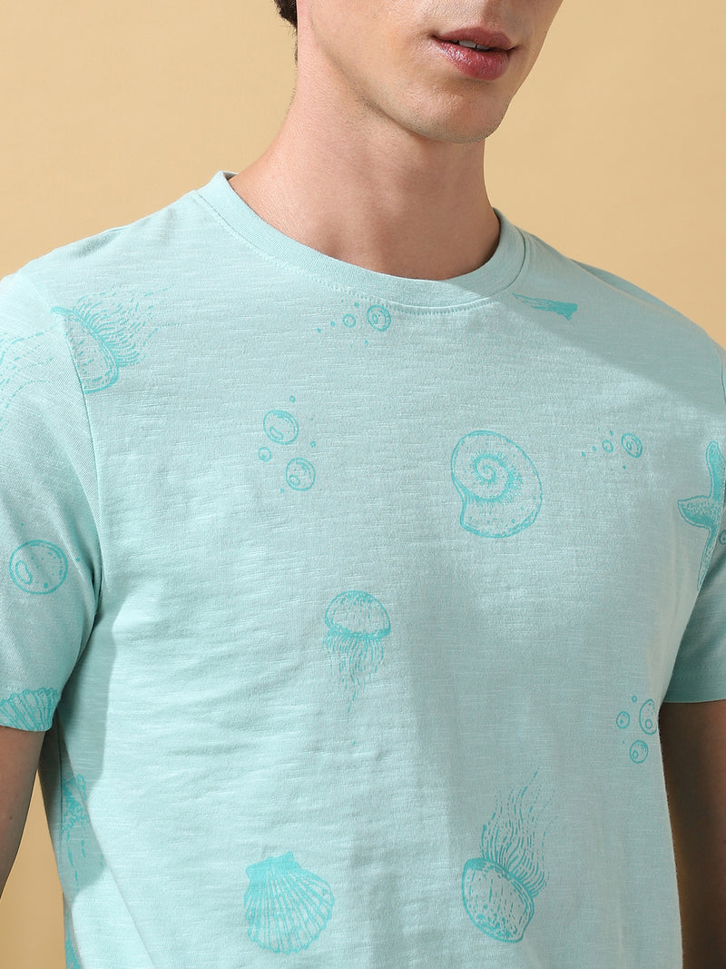 Men's Printed Round Neck Half Sleeves Cotton Slub T-shirt