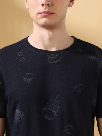Men's Printed Round Neck Half Sleeves Cotton Slub T-shirt