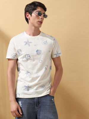 Men's Printed Round Neck Half Sleeves Cotton Slub T-shirt
