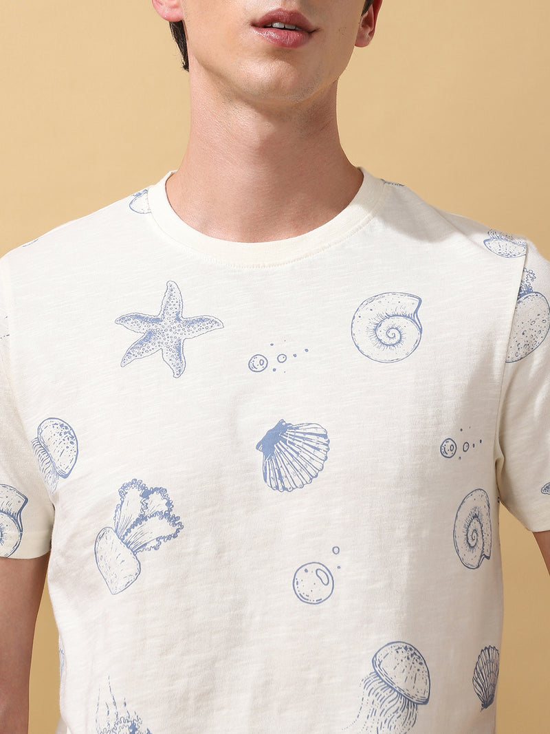 Men's Printed Round Neck Half Sleeves Cotton Slub T-shirt