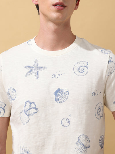 Men's Printed Round Neck Half Sleeves Cotton Slub T-shirt