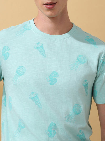 Men's Printed Round Neck Half Sleeves Cotton Slub T-shirt