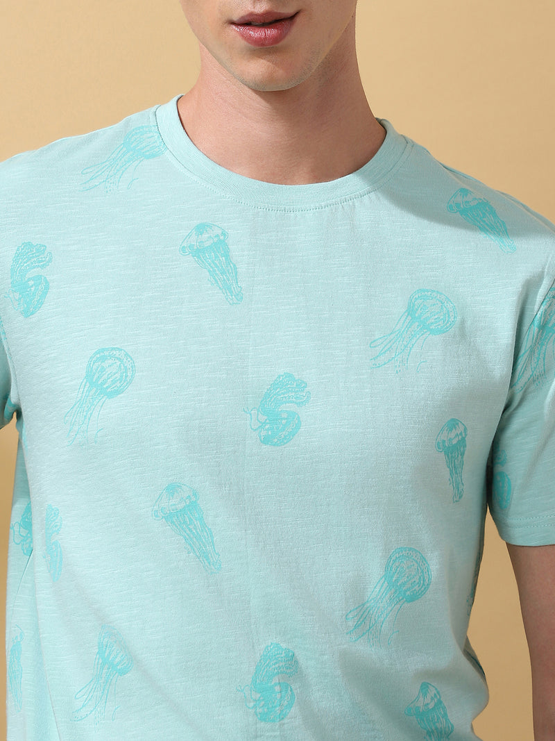 Men's Printed Round Neck Half Sleeves Cotton Slub T-shirt