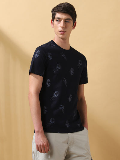 Men's Printed Round Neck Half Sleeves Cotton Slub T-shirt