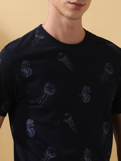 Men's Printed Round Neck Half Sleeves Cotton Slub T-shirt
