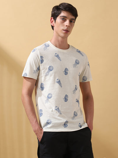 Men's Printed Round Neck Half Sleeves Cotton Slub T-shirt