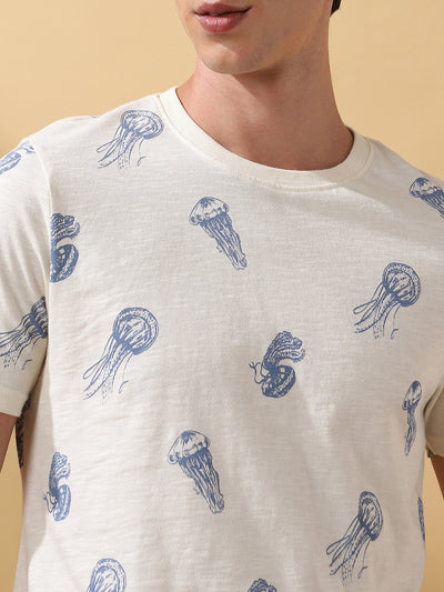 Men's Printed Round Neck Half Sleeves Cotton Slub T-shirt